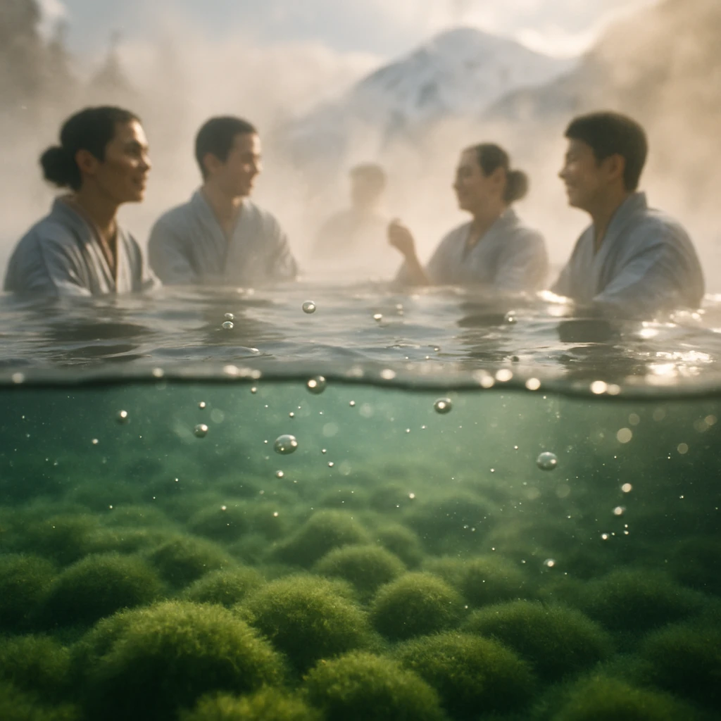 冬の雪景色に囲まれた温泉で、湯けむり越しに浴衣姿の人々がくつろぐ様子を温泉の底から見上げた写真風画像。