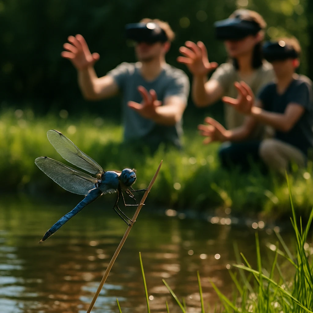 池のほとりの細い枝に青いオオシオカラトンボがとまり、背景にはVRゴーグルを装着した人々が手を伸ばしている様子が見える写真。
