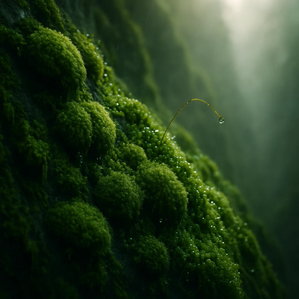 朝露に濡れる緑豊かな苔の群生が断崖の上で風に揺れる風景。