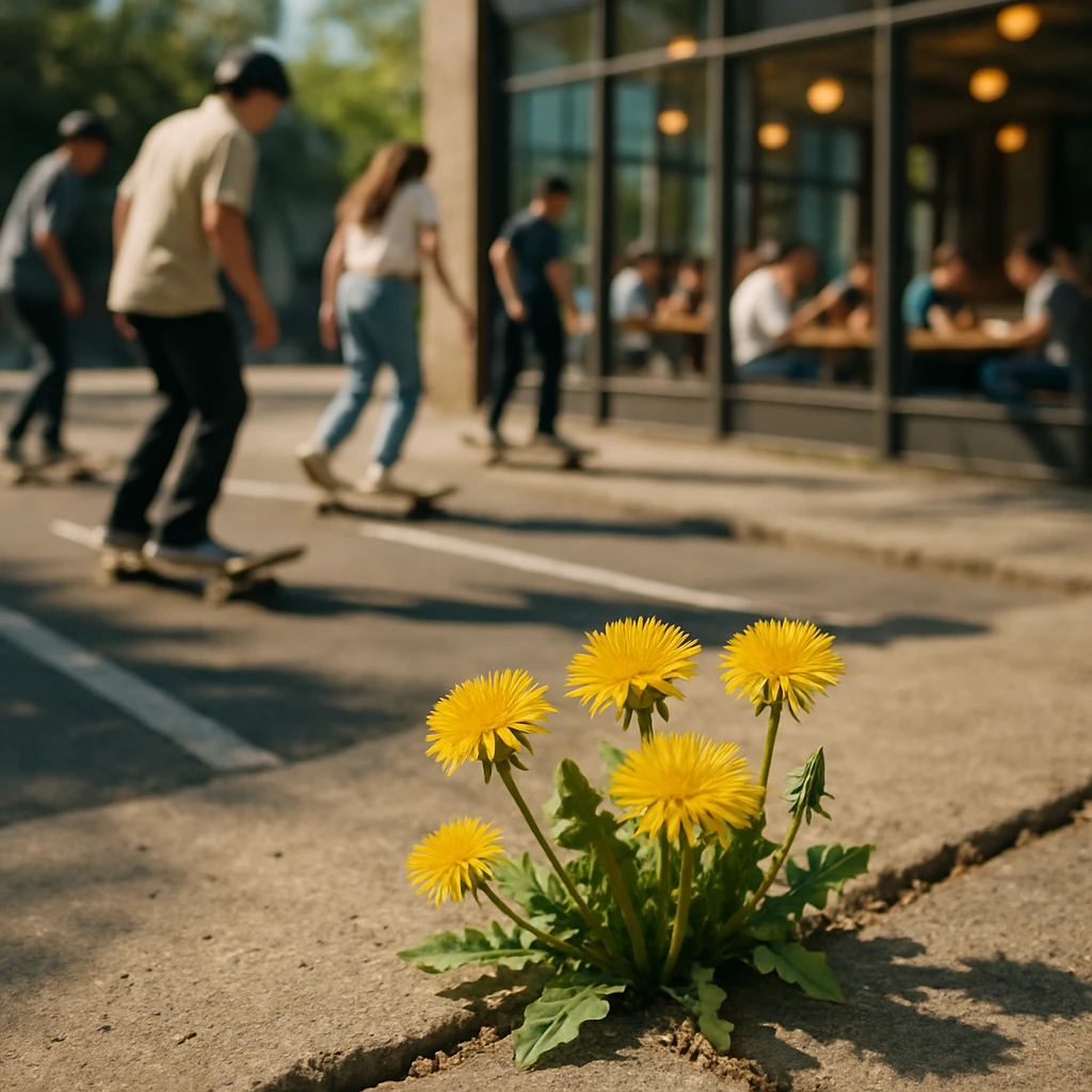歩道のひび割れから咲くタンポポの群れと、その奥でスケートボードを楽しむ若者たち、カフェでボードゲームに興じる人々が見える春の日の風景。