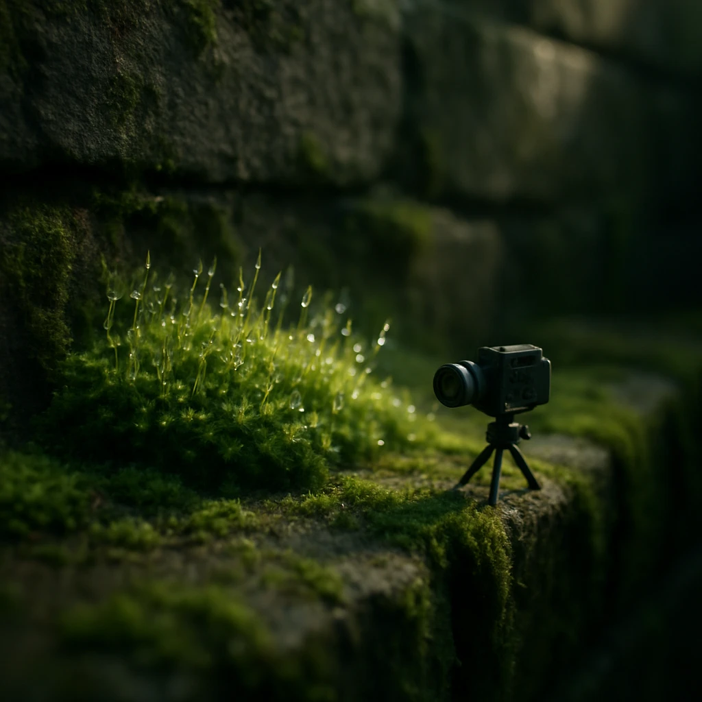 苔がびっしり生えた日陰の石垣に、朝露がきらめく様子がリアルに写された写真。