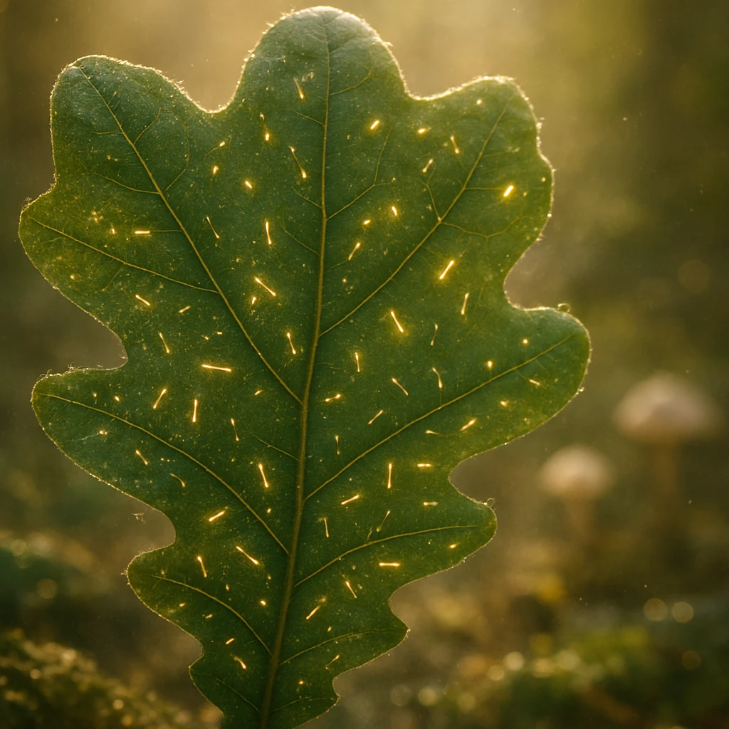 朝露に濡れた新緑の葉裏に、微細なバクテリアが点在している写真風の画像。