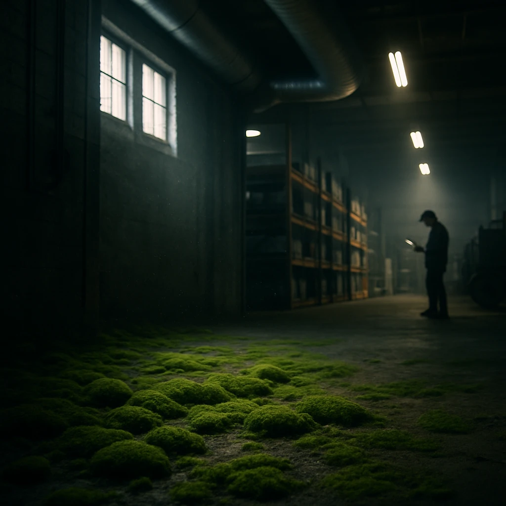 苔が生い茂る倉庫の一角で、天井の光と工業機械、遠くには端末を持つ作業員が見える風景。