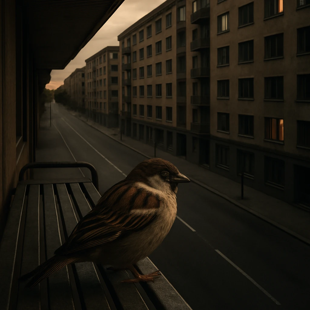 暮れなずむ都会のベンチにスズメが佇み、背後のマンションの多くの部屋が暗く空いている様子。