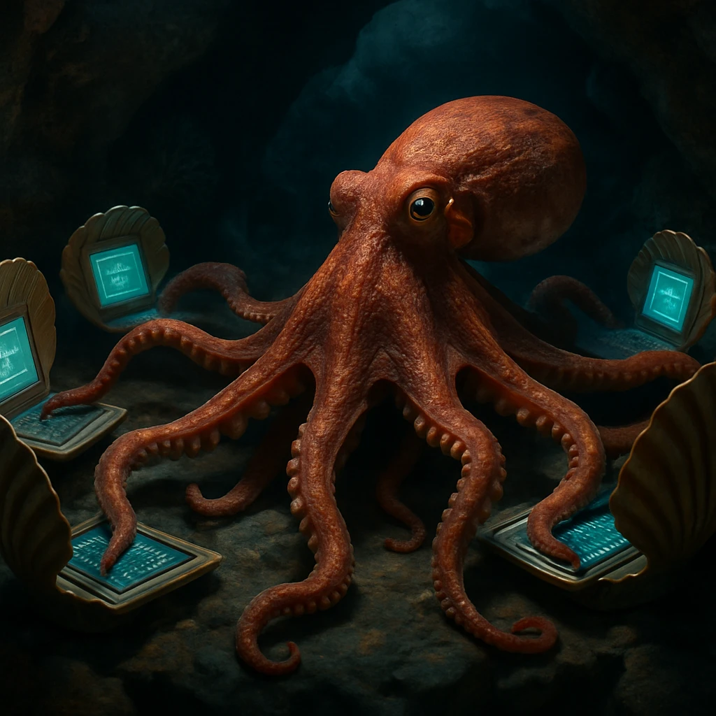 海底洞窟で8本の腕を使って光る巻貝型端末を操作するリアルな深海タコの写真風イメージ。