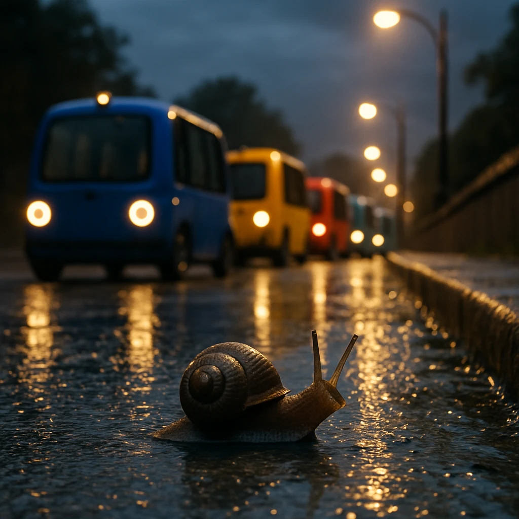 雨上がりのコンクリート道の端で、カタツムリ越しに色とりどりの無人車両が渋滞して並んでいる様子。
