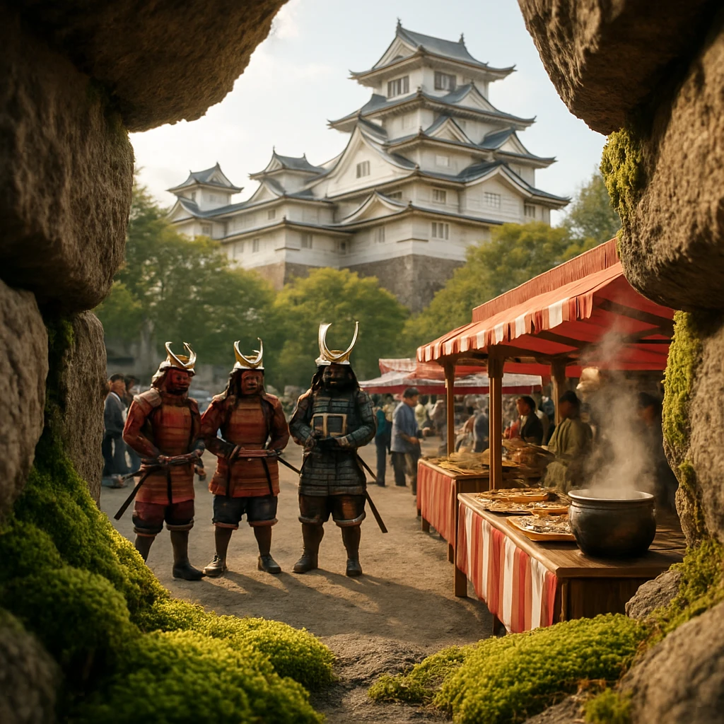 苔が生える石垣の隙間から見た城下町の祭りと侍姿の人々、賑やかな屋台、城が写る写真です。