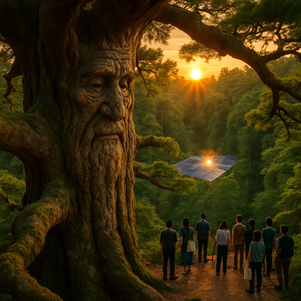 森の高い枝から、夕陽の差す中で人間たちと太陽光パネルを見下ろす千年杉の木の様子。