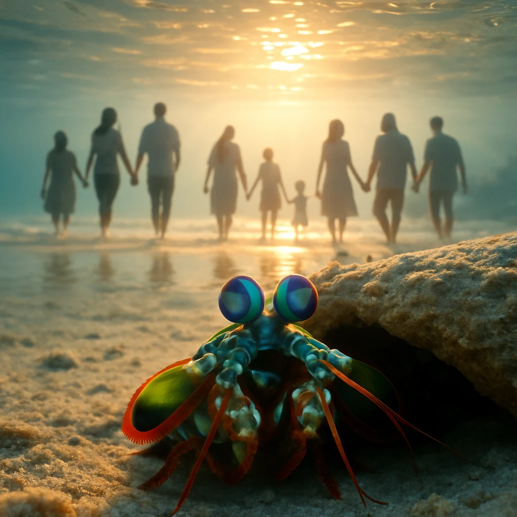 朝日が差し込む海底の岩陰からシャコが外を見つめ、その向こうに多様な人間のカップルが浜辺を歩く姿がかすかに映るシーン。