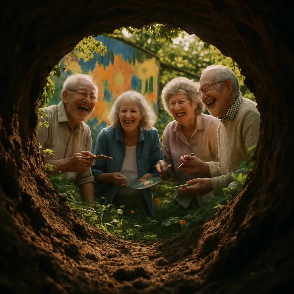 地中のトンネル越しに、高齢者たちが庭で壁画を描きながら笑っている様子が見える写真。