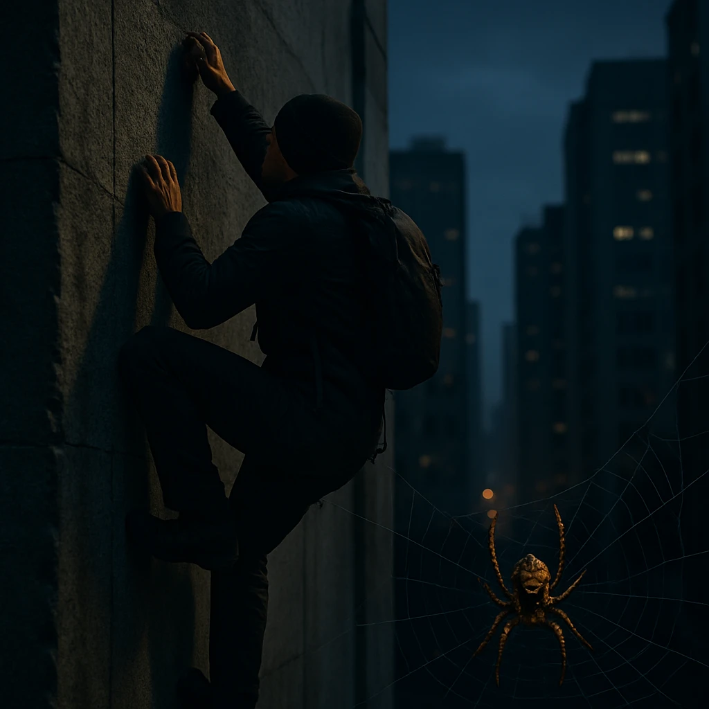 夜明け前の高層ビルの壁を登る黒い服のクライマーと、その近くの巣にいるジョロウグモ。