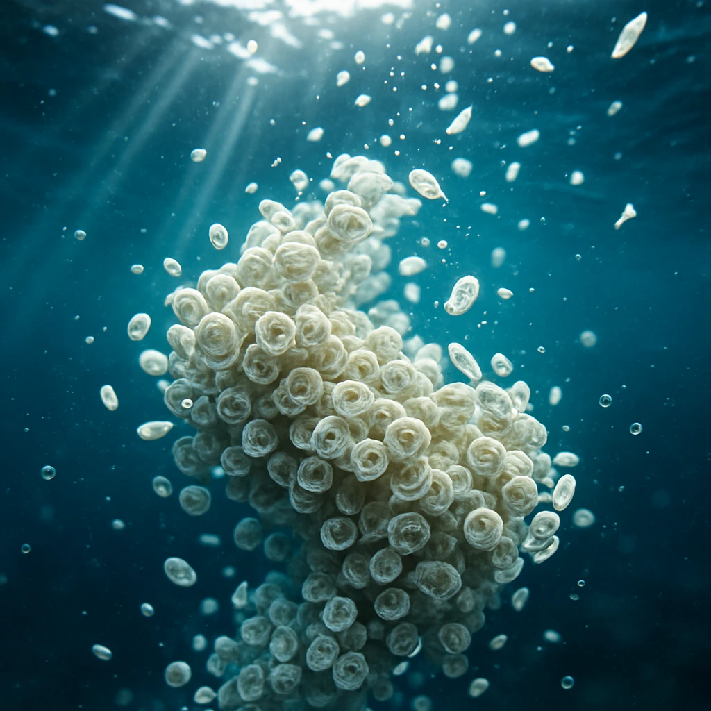 太陽光が差し込む青い海中で、白く輝くココリス・プランクトンの集まりが舞う様子。