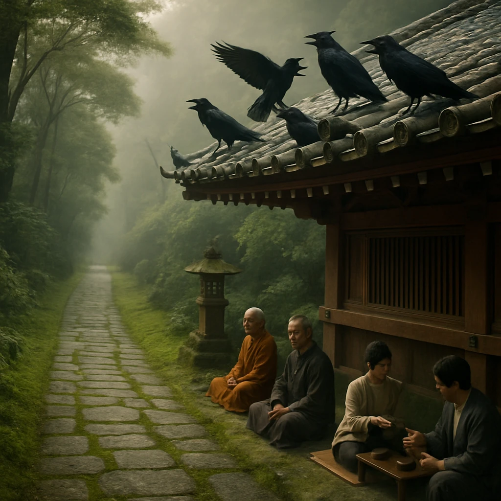 日本の寺院の苔むした石畳と本殿屋根にカラスが群れ、座禅や茶会を楽しむ人々が静かに佇む様子。