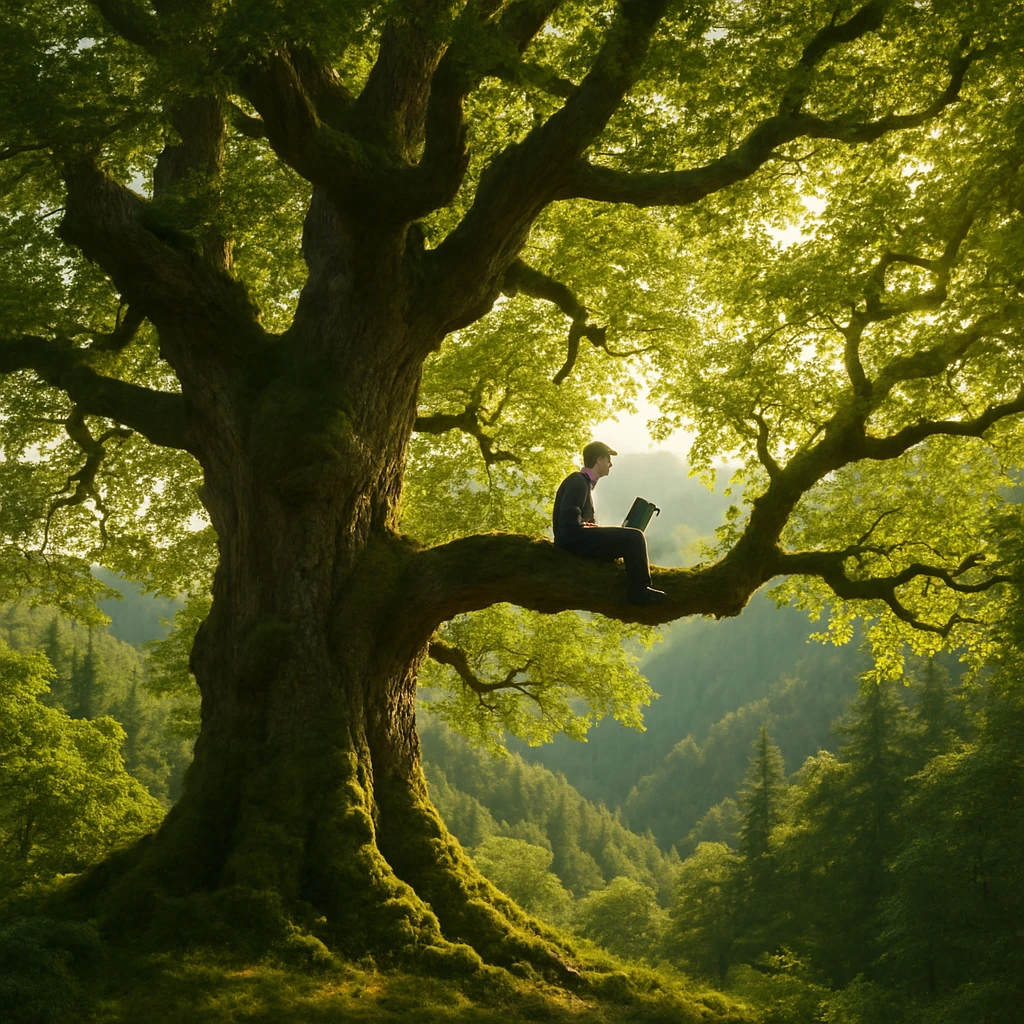 山深い森の中、高いカシノキの枝に座りノートパソコンを使う人物が光に包まれている様子。