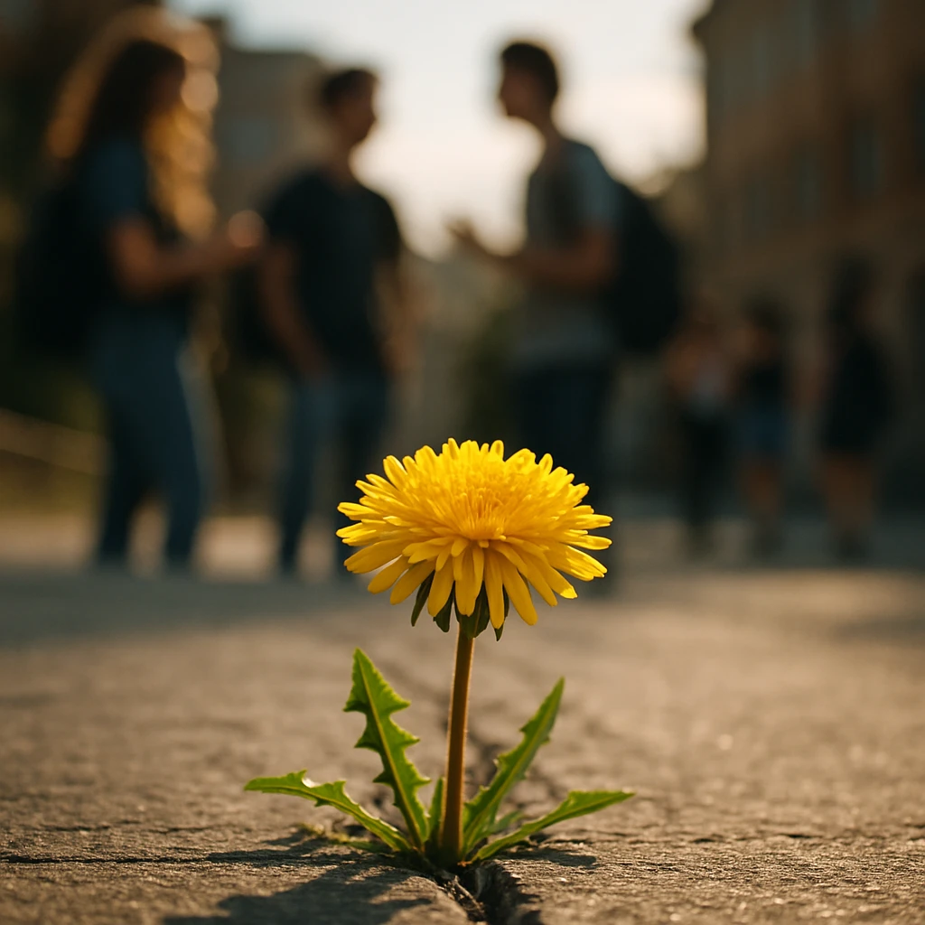 コンクリートのすき間から力強く咲くタンポポの鮮やかな花をクローズアップで捉えた写真。