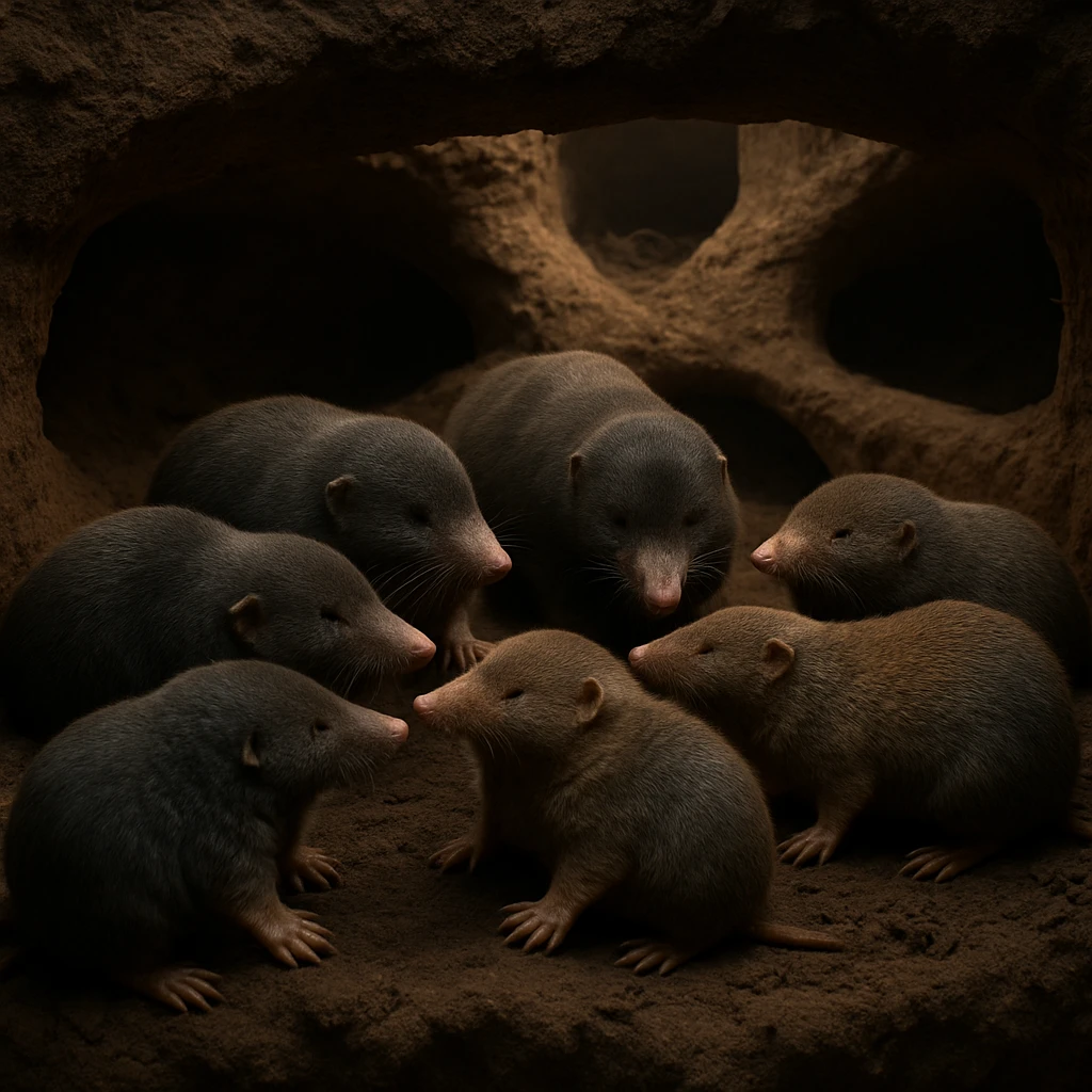広い地下トンネル内でさまざまな体格や毛色のモグラたちが集まり、話し合っている様子のリアルな写真風画像。