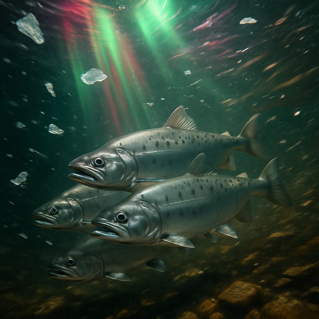 カラフルなオーロラの光が差し込む川底で、サクラマスが氷や流木の間を慌てて泳いでいる様子。