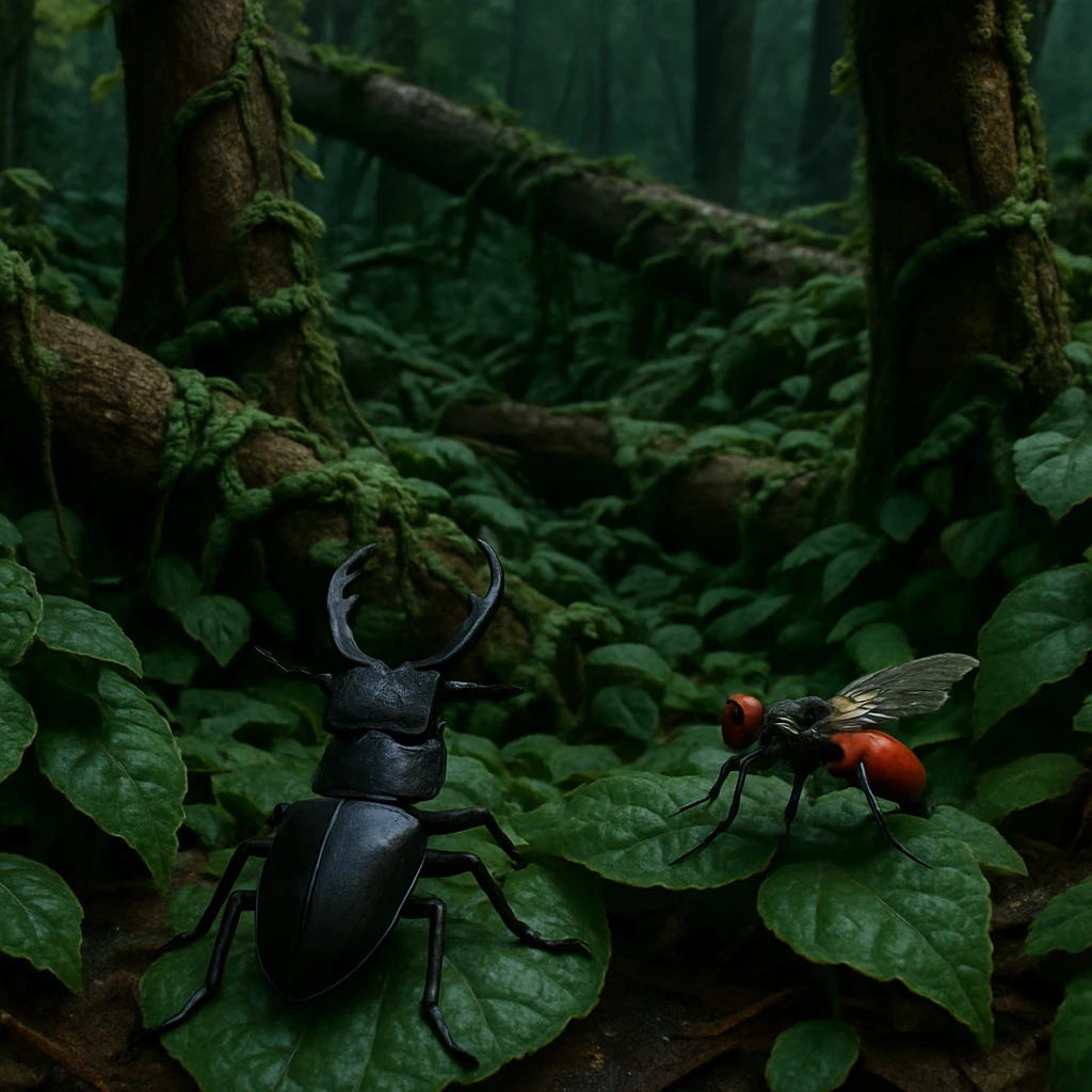 クズのツルが森の木や倒木を覆い、手前ではカブトムシと赤黒いハエが葉の上で向き合っている様子。