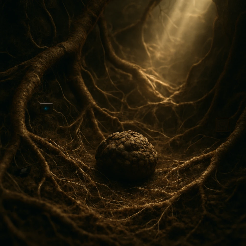 木の根と菌糸が絡み合う地中の暗がりに、ひとつのトリュフが存在感を放つリアルな写真風イメージ。