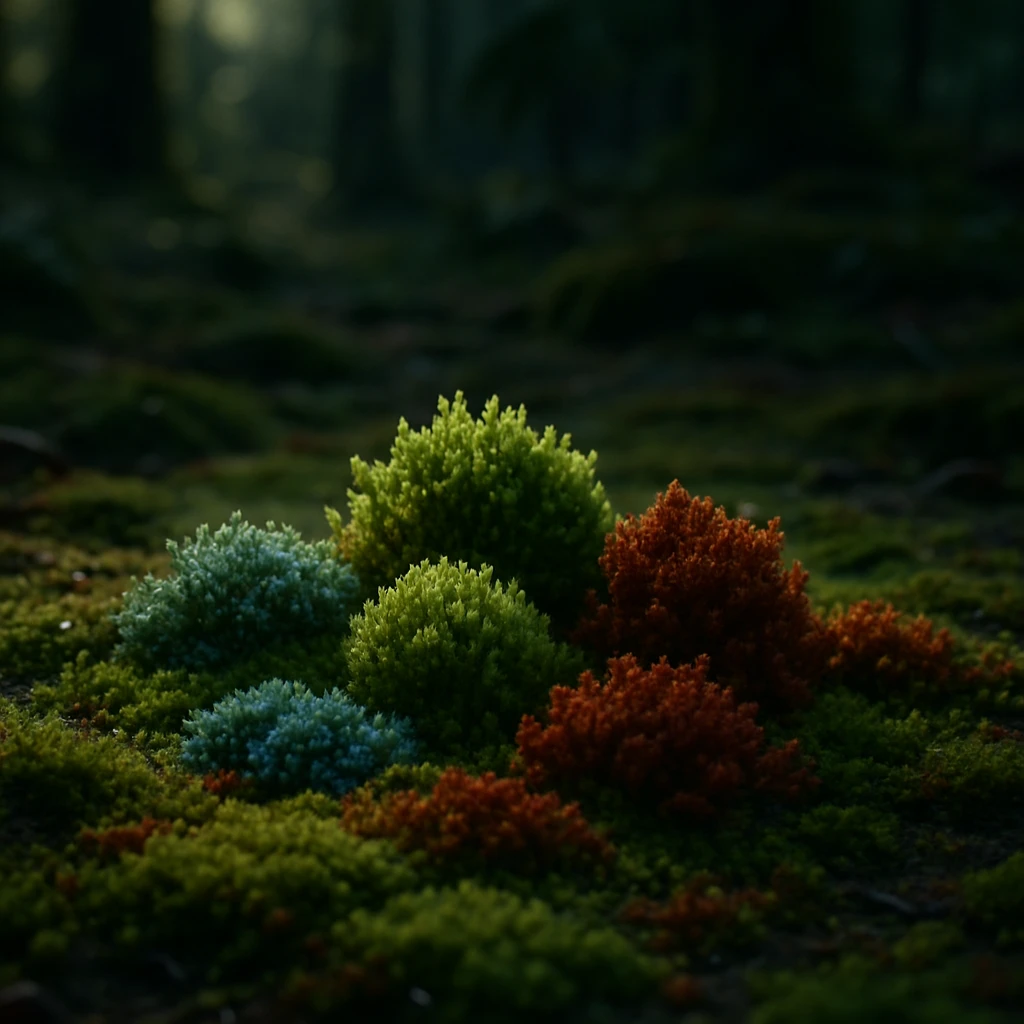 色とりどりの苔が微妙に群れを成して林床に広がるリアルな写真風の情景。