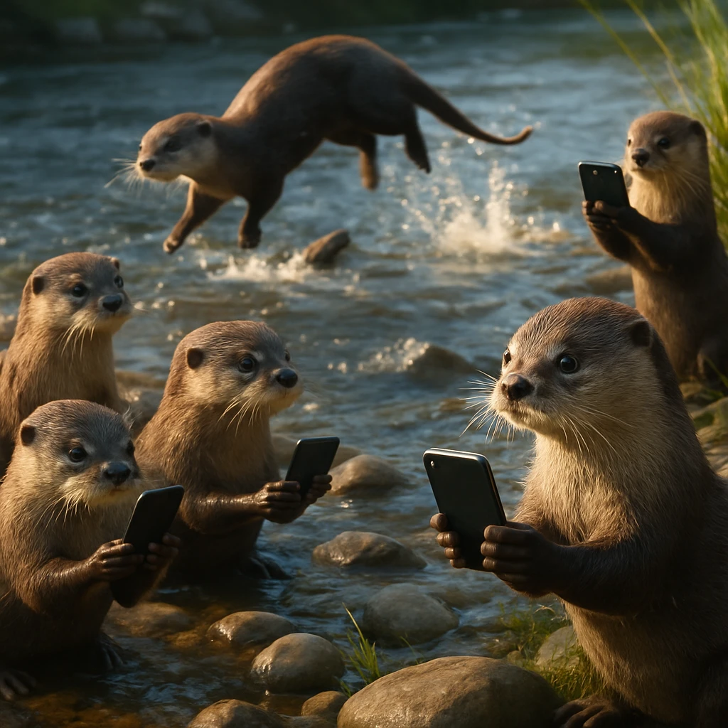 川辺で若いカワウソたちがスマートフォン風の小型デバイスを持ちながら遊んでいる様子のリアルな写真。