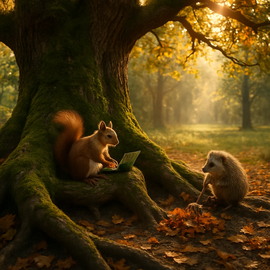 森の中で大きな樫の木の根にリスやハリネズミなどの森の動物たちが働く様子が描かれた写真風画像。