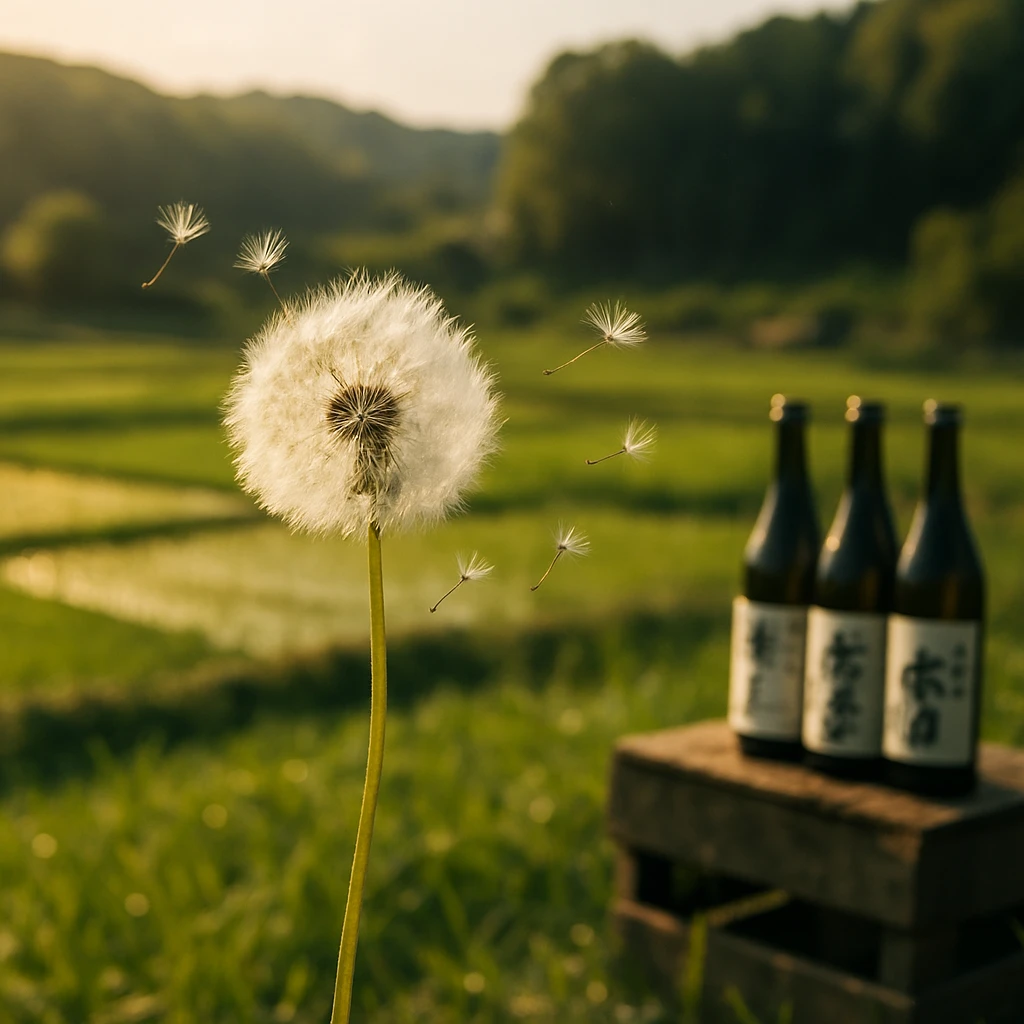 春の青空の下、ふわふわのタンポポの綿毛が田畑の風景を背景に風に乗って舞っています。