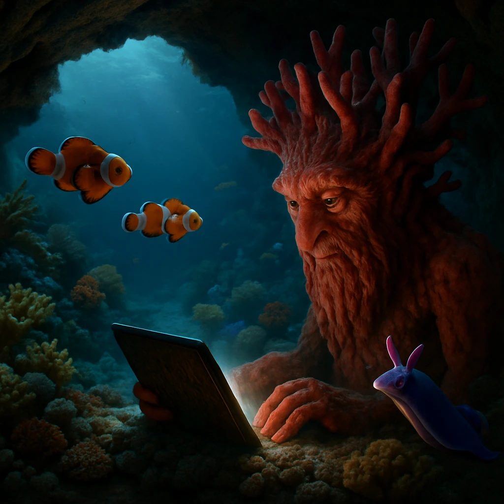 海底の珊瑚窟で赤いサンゴがタブレット風の光る板を見つめ、周囲にはカクレクマノミや紫色のウミウシが泳ぐ様子。