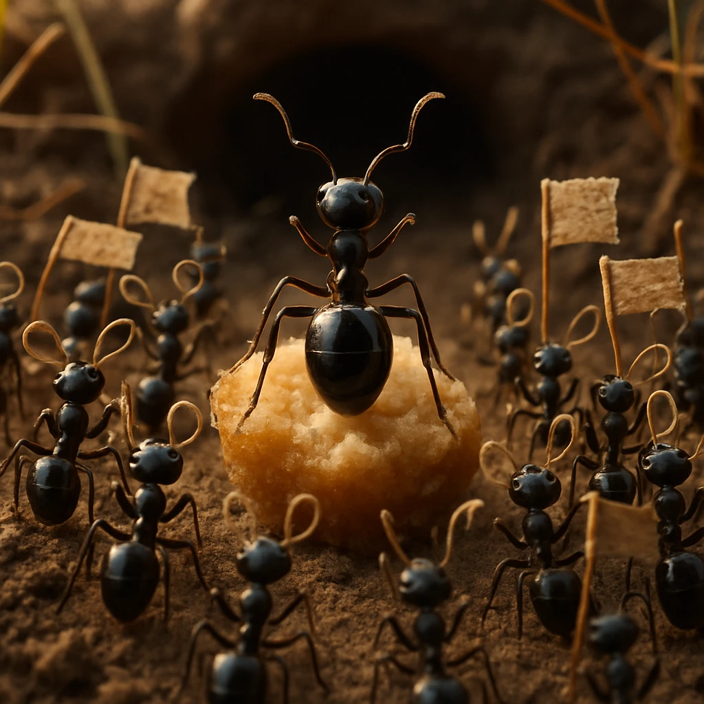 巣穴の入り口で小さなバンドや旗を持ち集まるクロオオアリたちのリアルなクローズアップ写真。