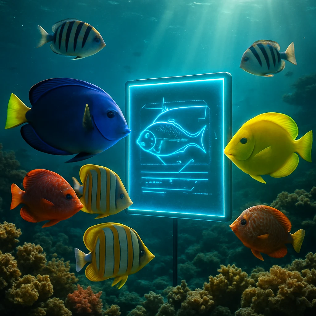 熱帯魚たちがサンゴ礁の中、デジタルなホログラムの黒板のまわりに集まっている水中シーンです。