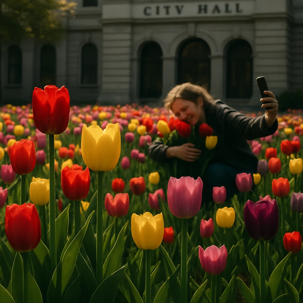 色とりどりのチューリップが花壇いっぱいに咲き、奥で人が自撮りしながら花を抱き寄せている様子。