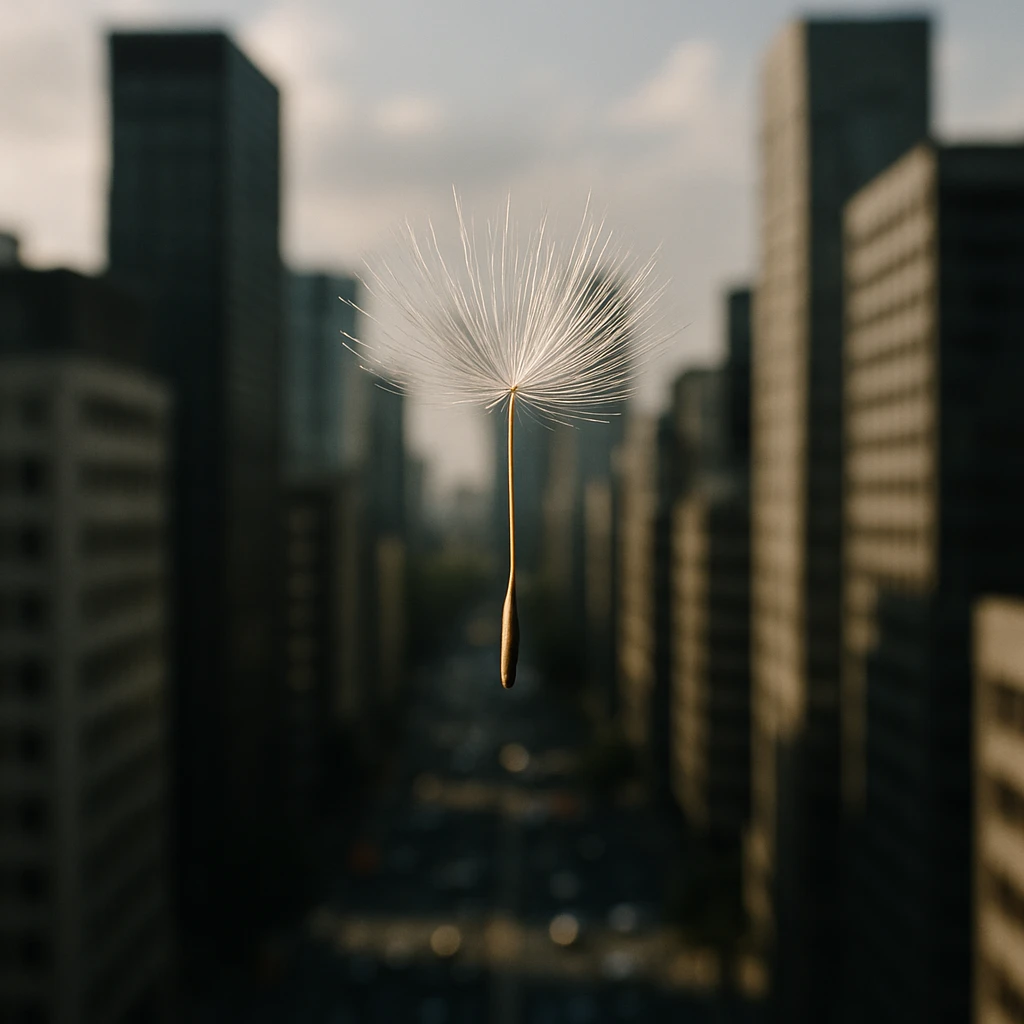 都会の高層ビル群を背景に、宙に舞うタンポポの綿毛が一粒だけ鮮明に浮かぶ写真。