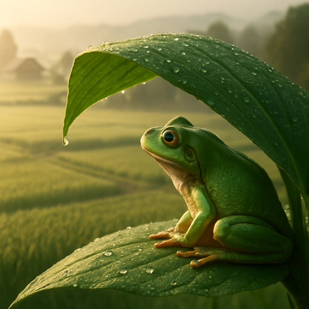 大きな葉の上に座って田んぼと遠くの人家を見下ろすアマガエルの写真風イメージ。