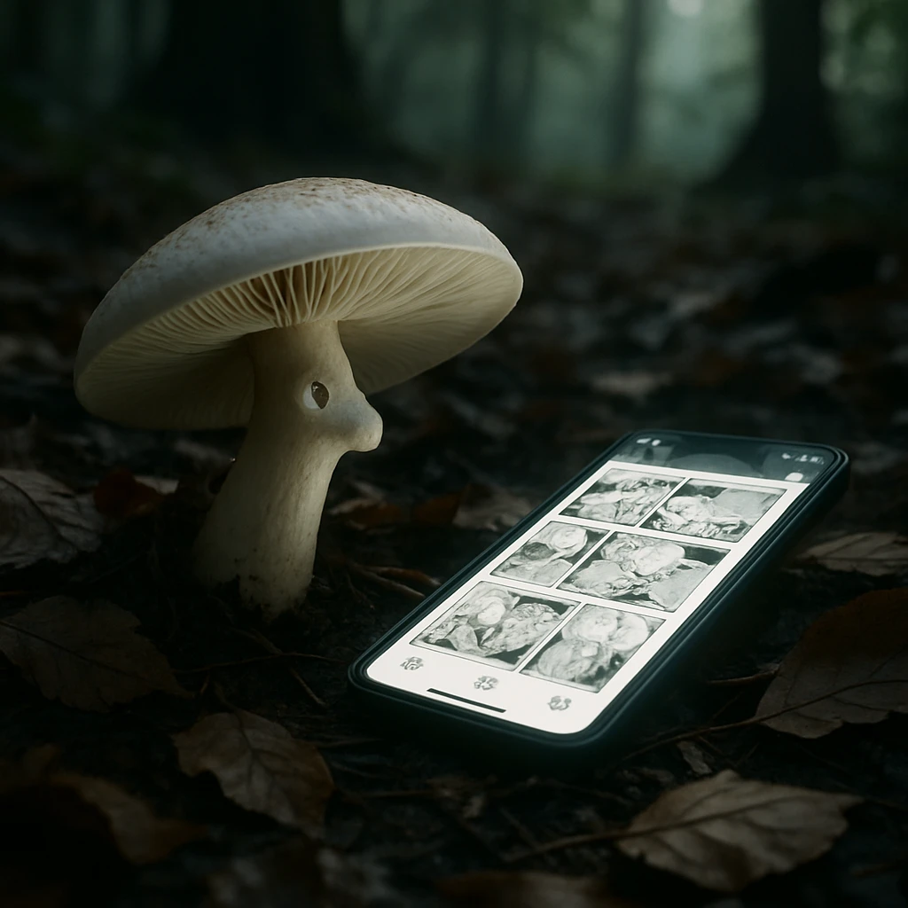 森の落ち葉の中にたたずむ大きな白いキノコが、画面にしおりや漫画が表示されたスマートフォンを見上げている。