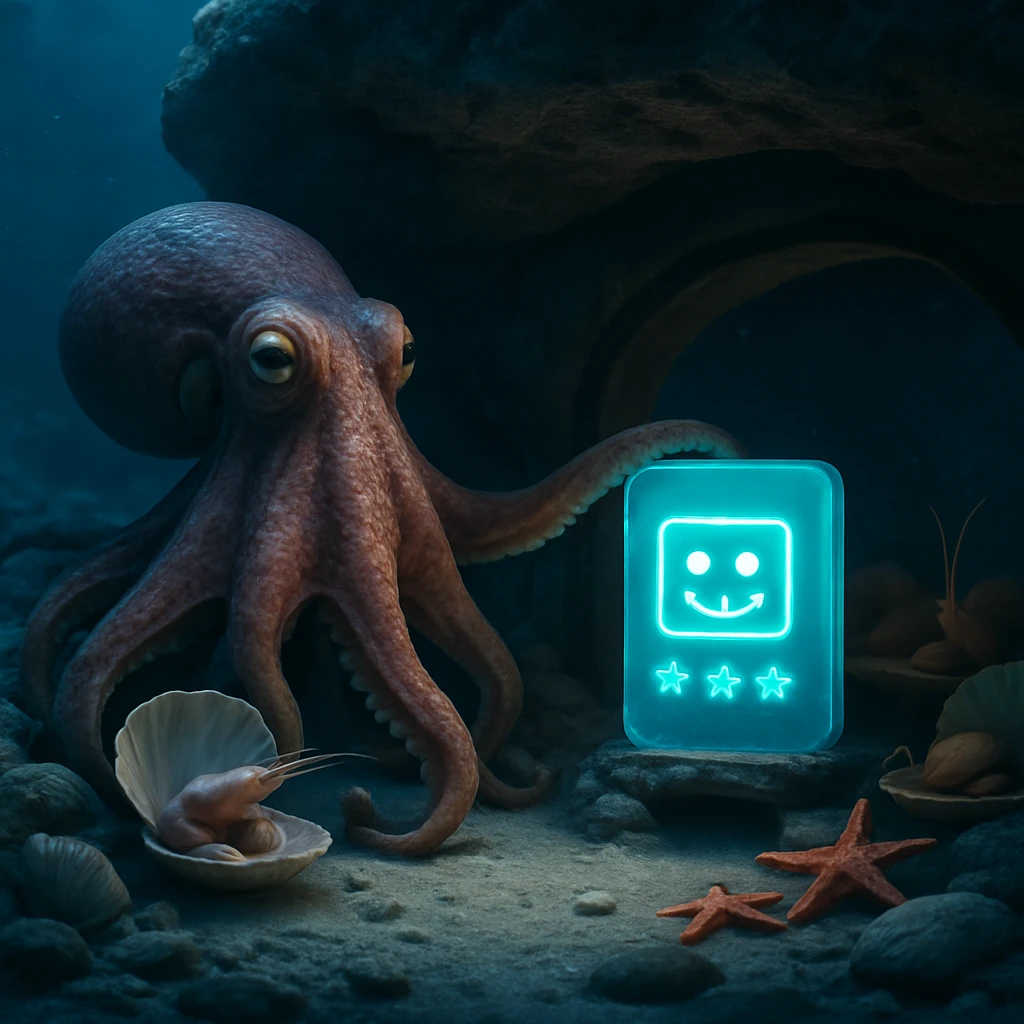 岩陰の海底ラウンジでタコがぷにぷにご意見箱を前にゲストの貝やヒトデ、エビたちをもてなす様子のリアルな水中写真風イメージ。