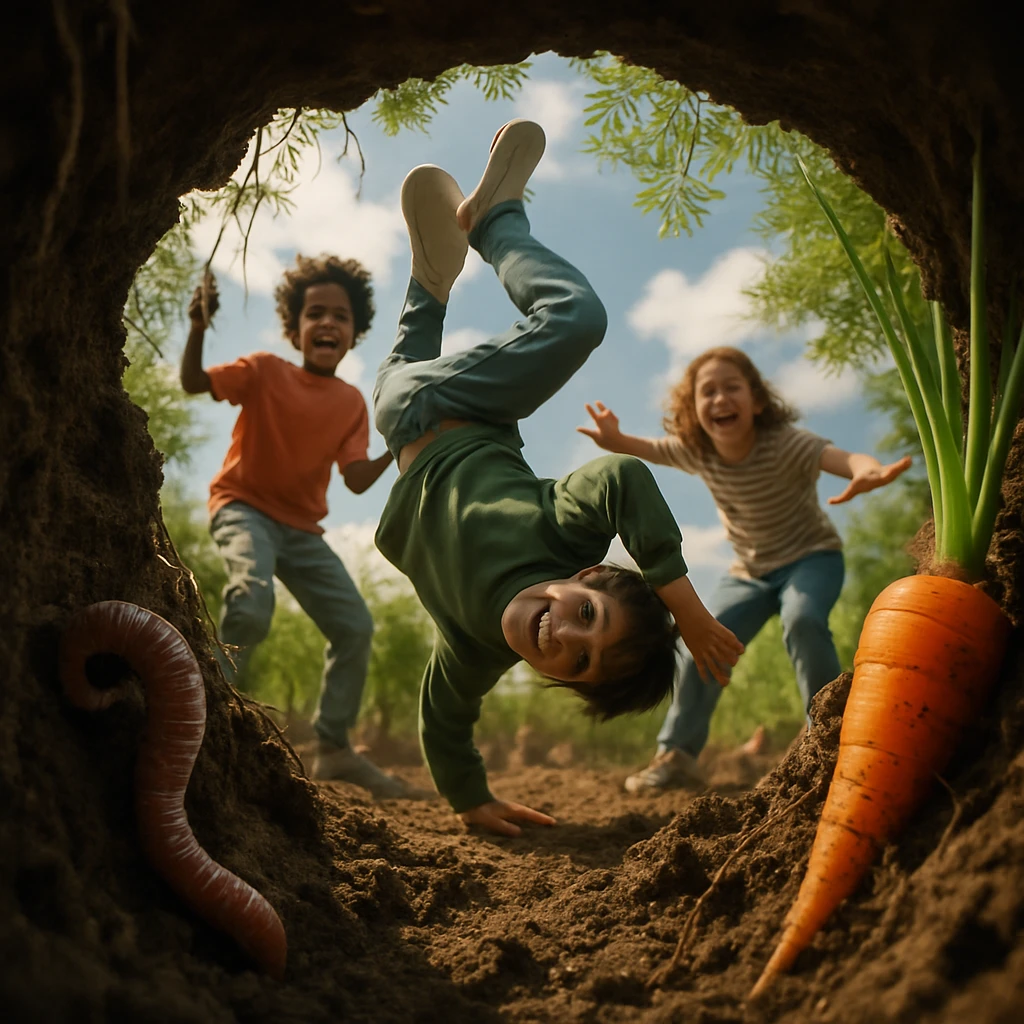 土の中から地表を見上げる視点で、にんじん畑の地面を踊る子どもたちと土中のミミズが映っている写真。