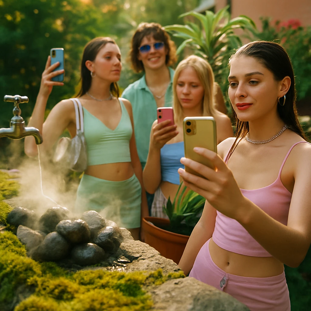 苔の目線から写した石垣の上で、Y2Kファッションの若者たちがスマートフォン片手にガーデンイベントを楽しむ様子。