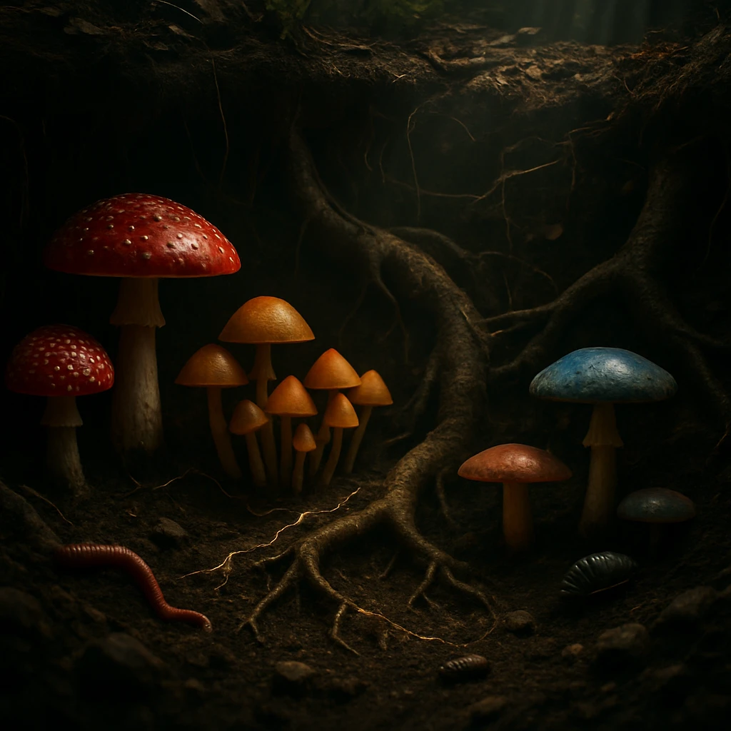 地中の木の根元で色とりどりの菌類が集まり、ミミズやダンゴムシなどの生物が動き回るリアルな地下ライブ風景。