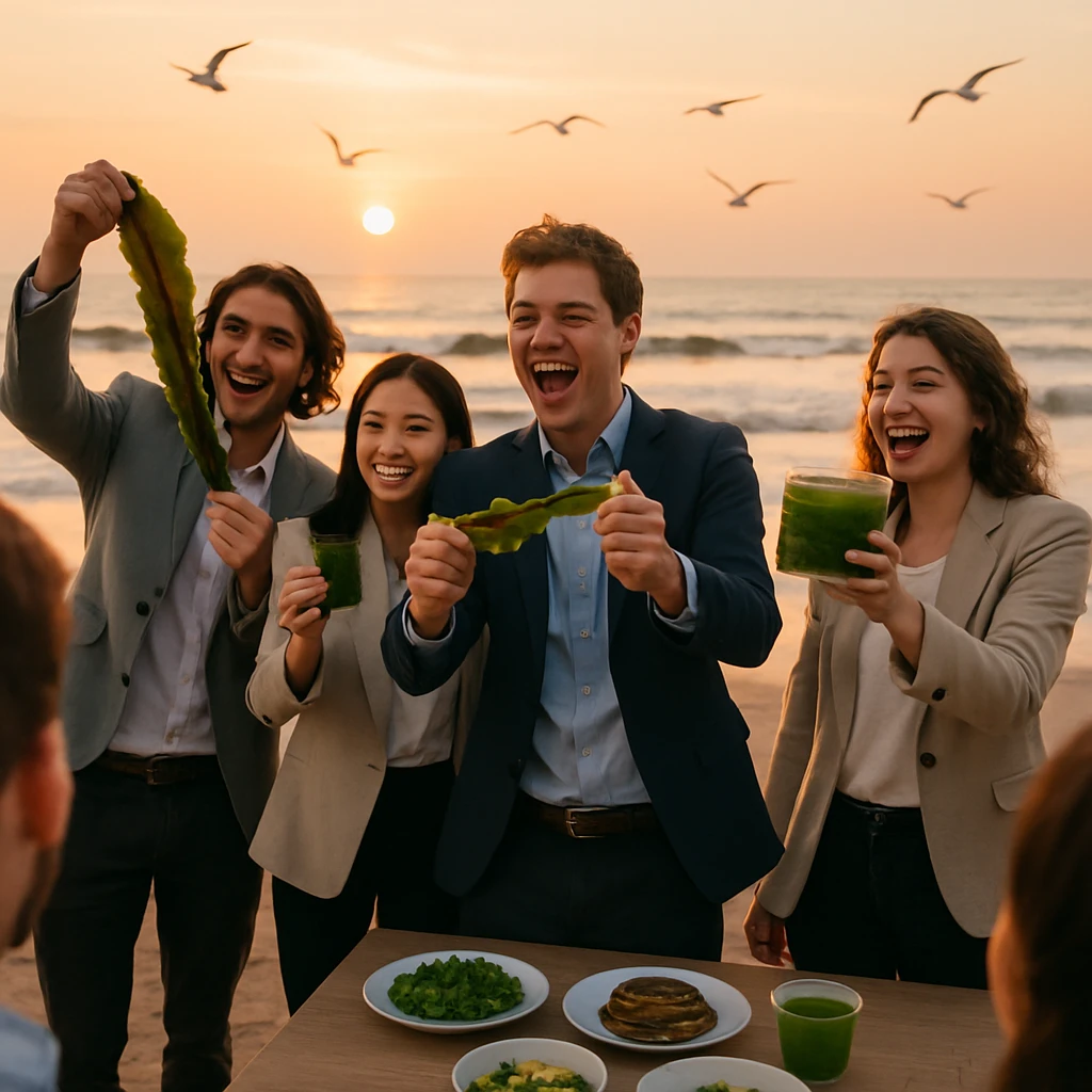 朝焼けの浜辺で若い起業家たちが海藻商品を手に取り、笑顔で乾燥コンブを割るパフォーマンスを披露している様子。