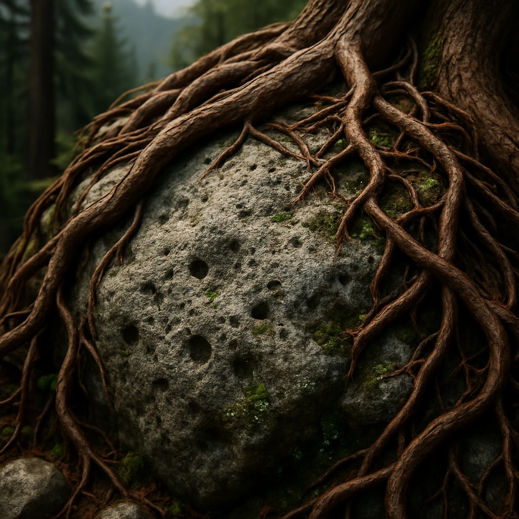 多数の穴や割れ目が見える花崗岩の表面に、松やコメツガの根や苔が絡みついている山中の様子。