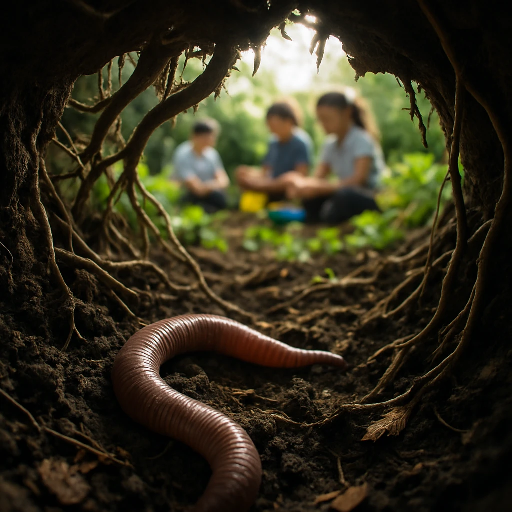 土の中からミミズと根を写し、地表に座る子どもたちがぼんやり見える写真。