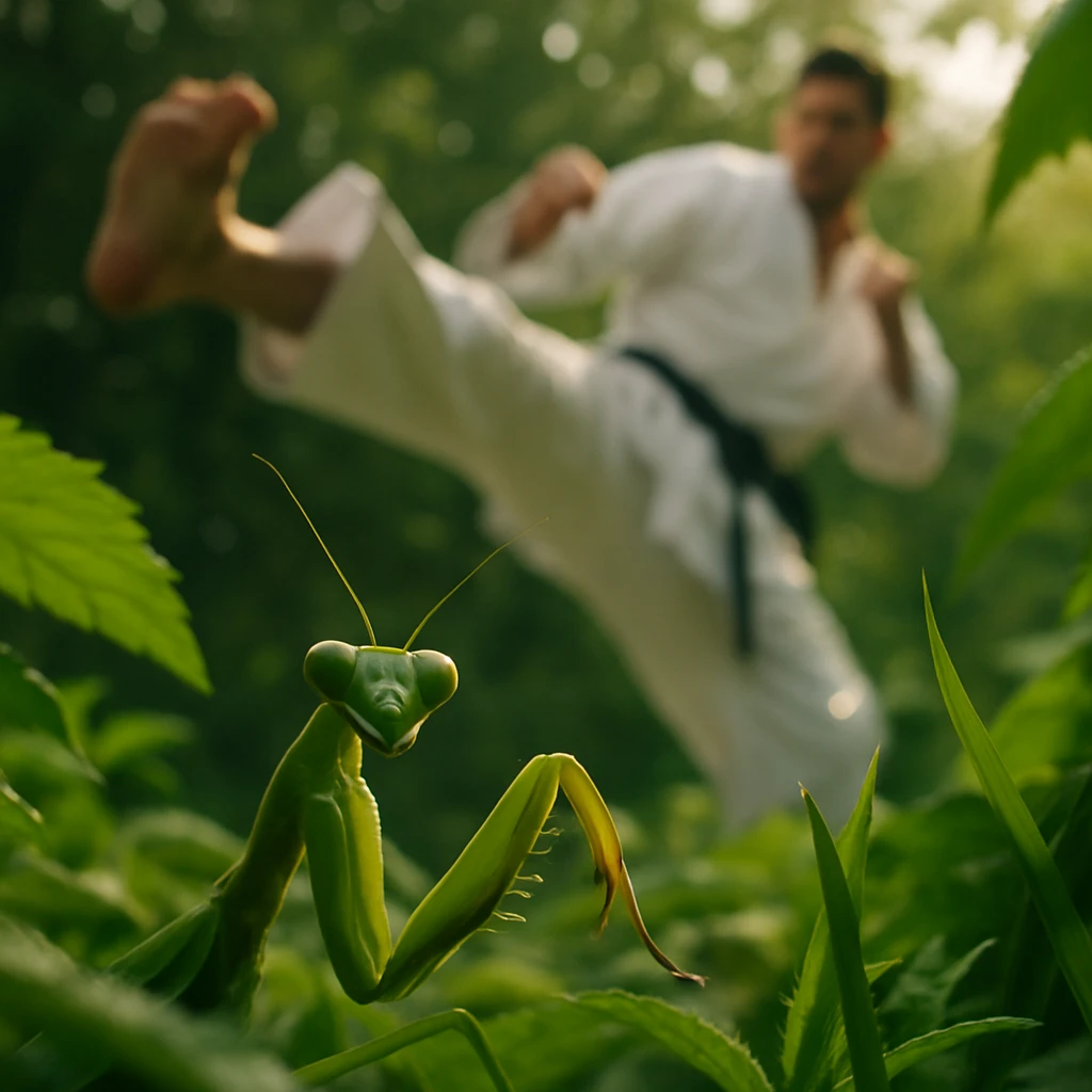 葉陰から人間の空手家が蹴りを繰り出す様子をカマキリ目線でとらえた写真。