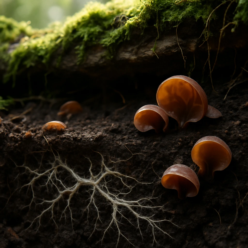 腐朽した倒木の下で広がる白く繊細なキクラゲの菌糸ネットワークが、湿った土壌の中にリアルに描写されている画像。