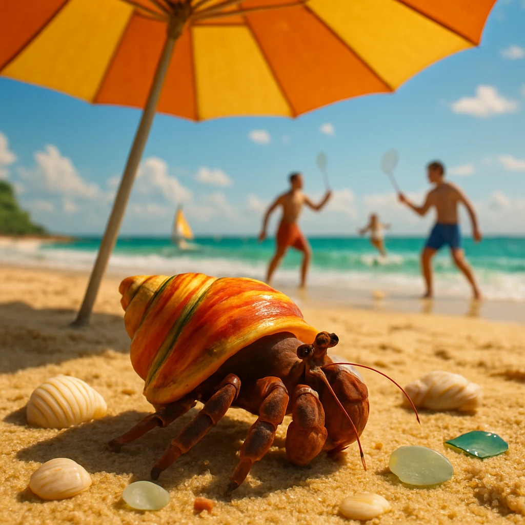 ビーチパラソルの下、色鮮やかな貝殻を背負ったヤドカリが波打ち際で人間の浜辺スポーツを遠くから眺めている様子。