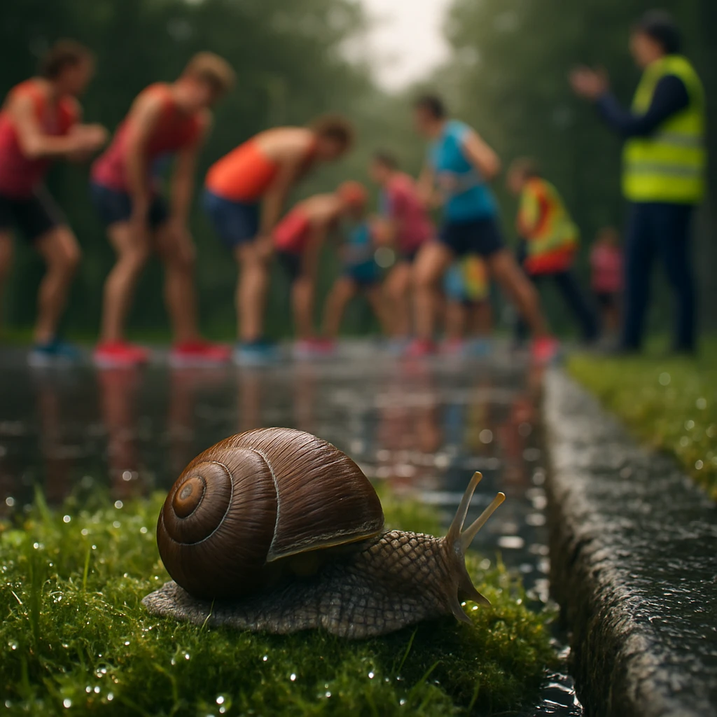 苔むした歩道の端でカタツムリがじっとしている手前越しに、奥で鮮やかなウェアを着たランナーたちがスタート前のストレッチをしている様子。