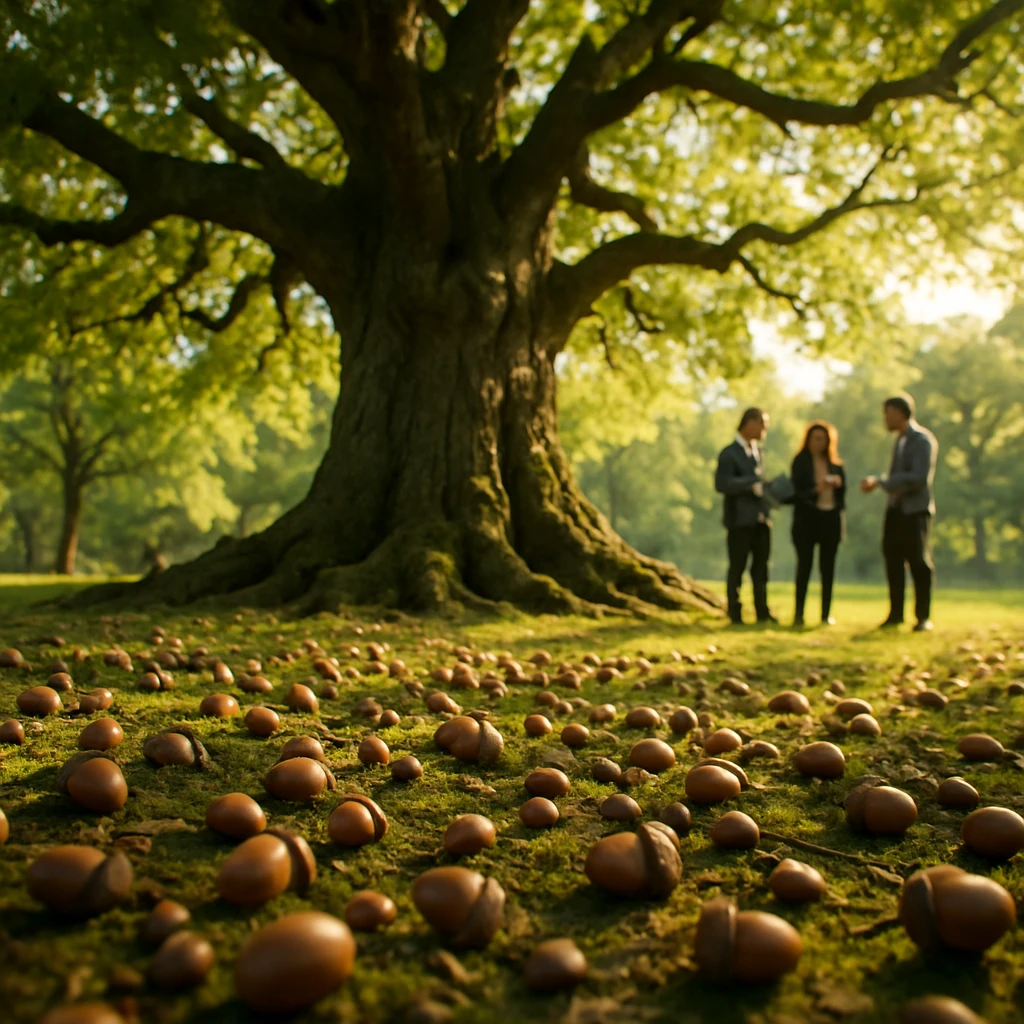 苔むした森の中、太く古いオークの巨木とその根元に大量のドングリが散らばり、背景には人間たちが集まり技術機器を手に話している様子がぼんやり映っている写真。