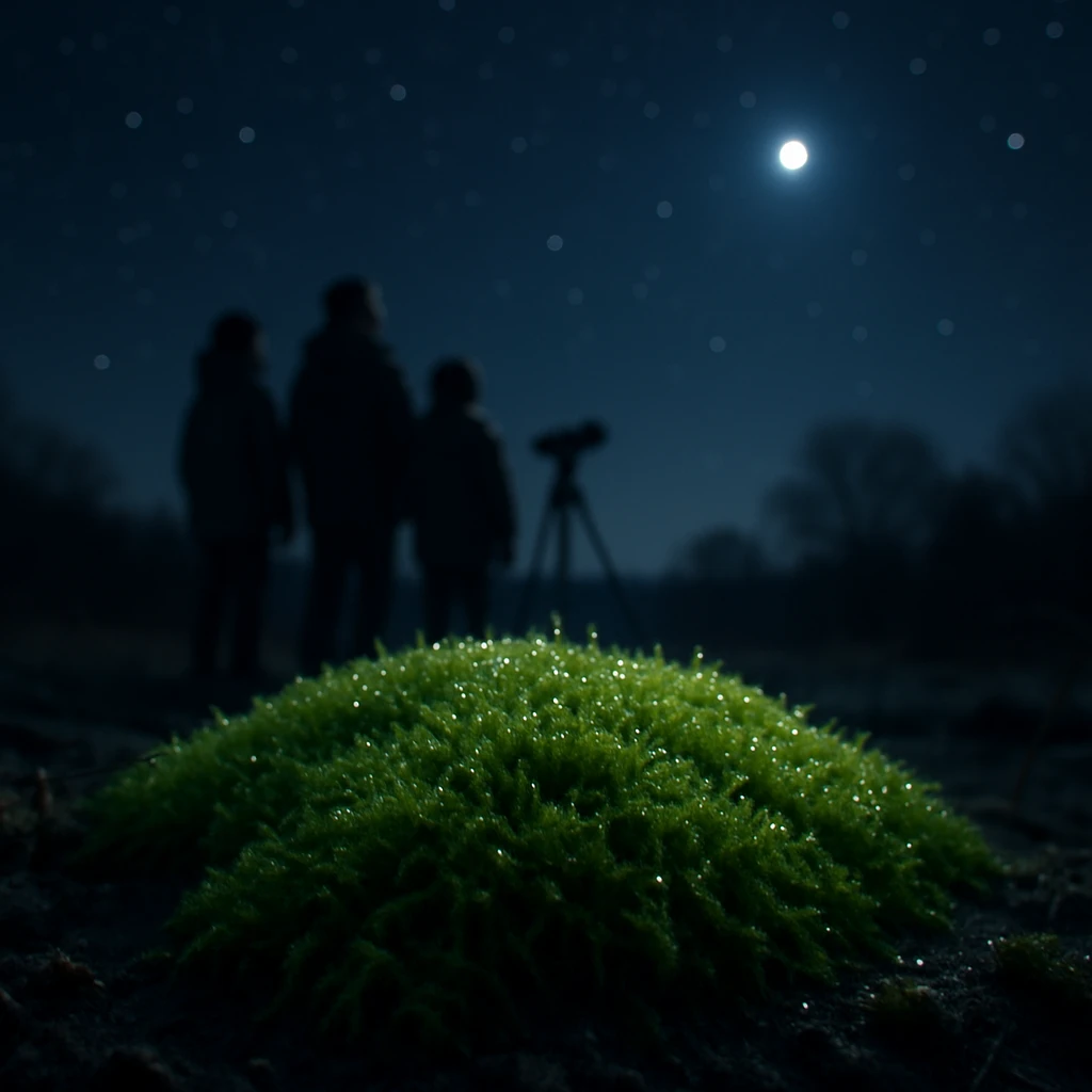冬の夜空の下、露で輝く苔と三脚で星空を観察する親子のシルエットが背景に映る写真。