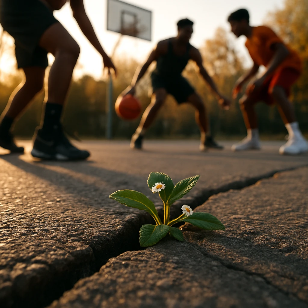 アスファルトの割れ目からイワダレソウが顔を出し、その奥でストリートバスケの選手たちがプレーしている様子。