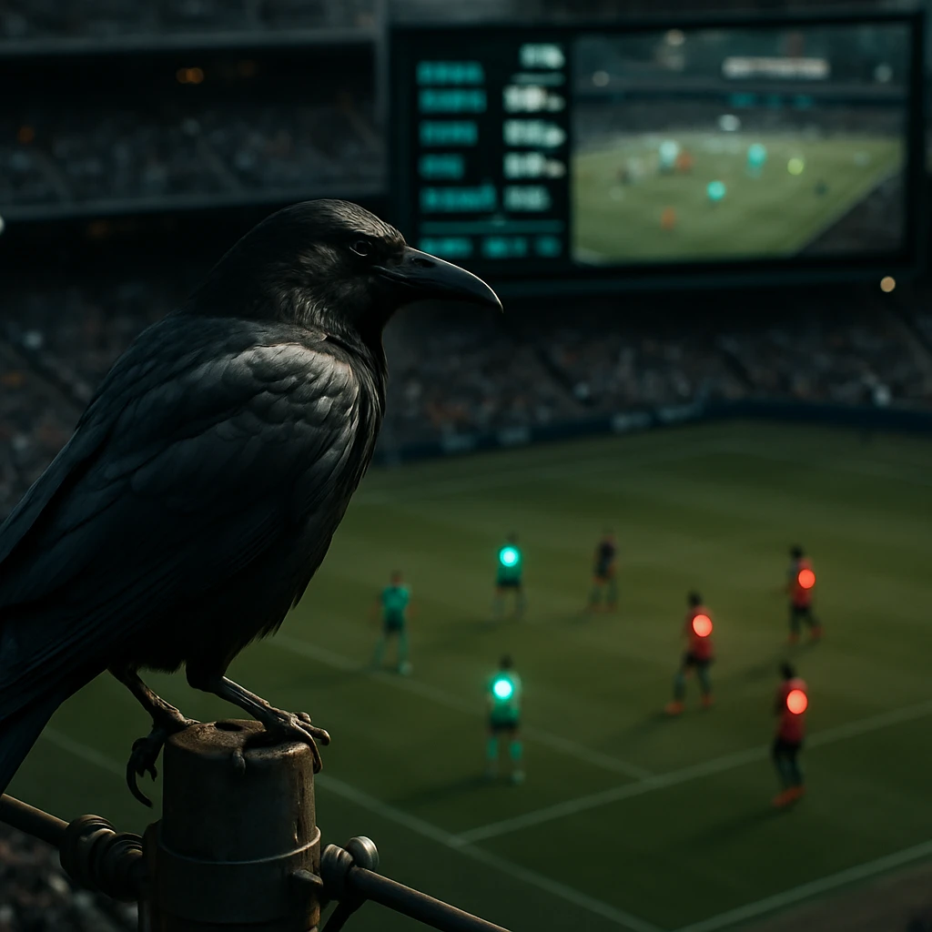 電柱の上にとまったカラスが、競技場でウェアラブル端末を身につけてプレーする選手たちと大型スクリーンを観察している様子。