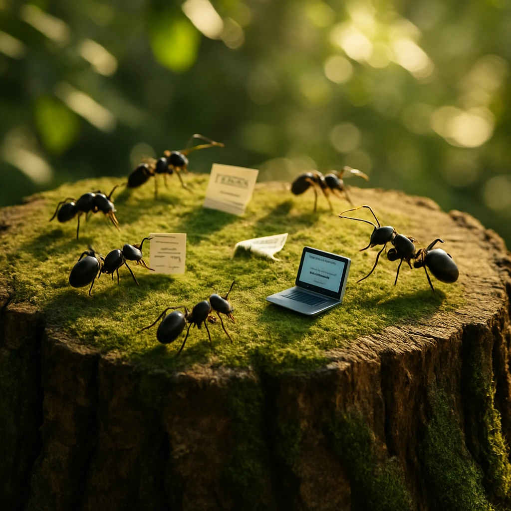 都市公園の切り株の上で、アリたちが小さな道具を運びながら働いている様子のリアルなクローズアップ写真。